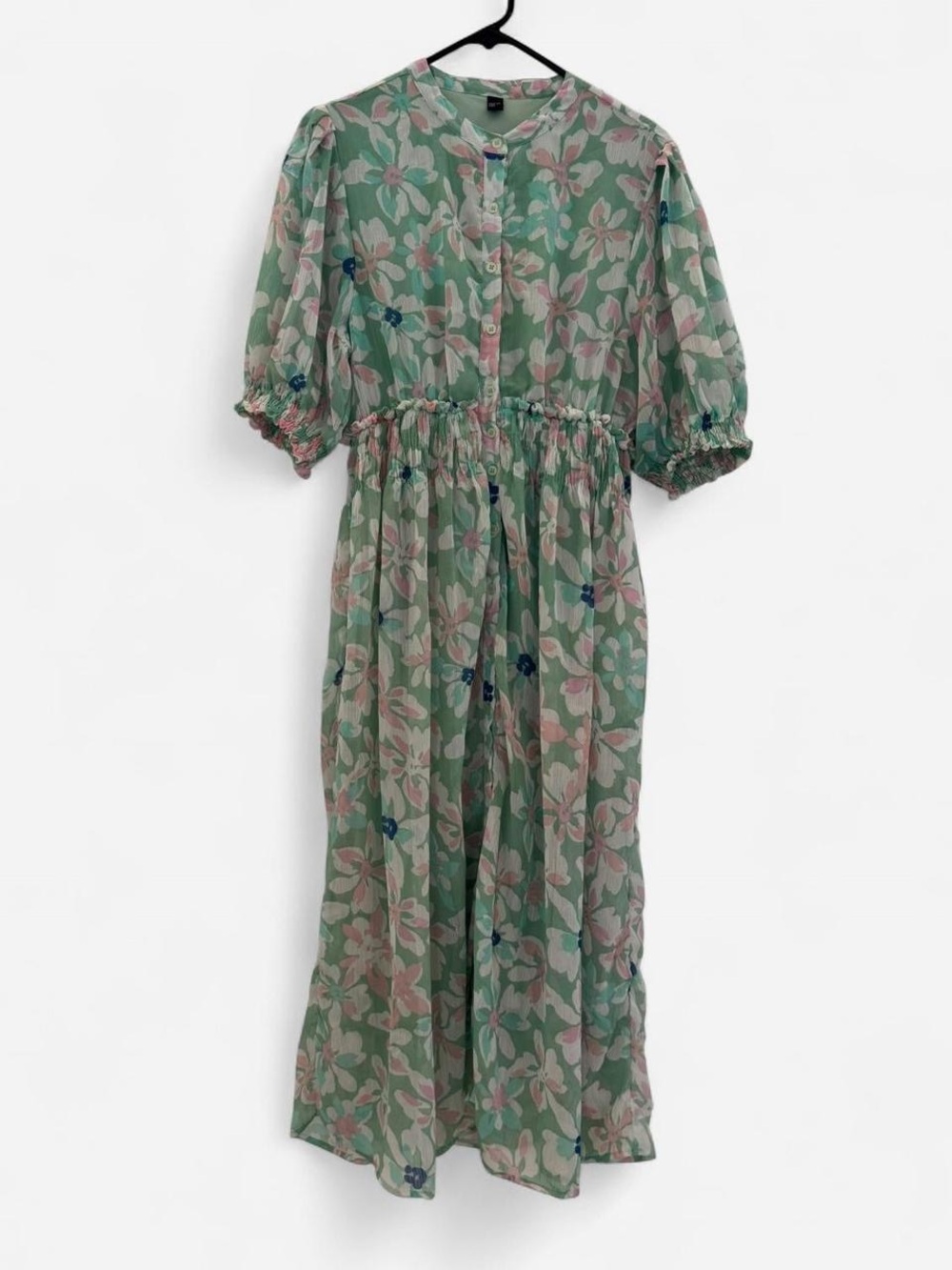 Green Floral Maxi Dress with Pink Blooms and Smocked Waistband